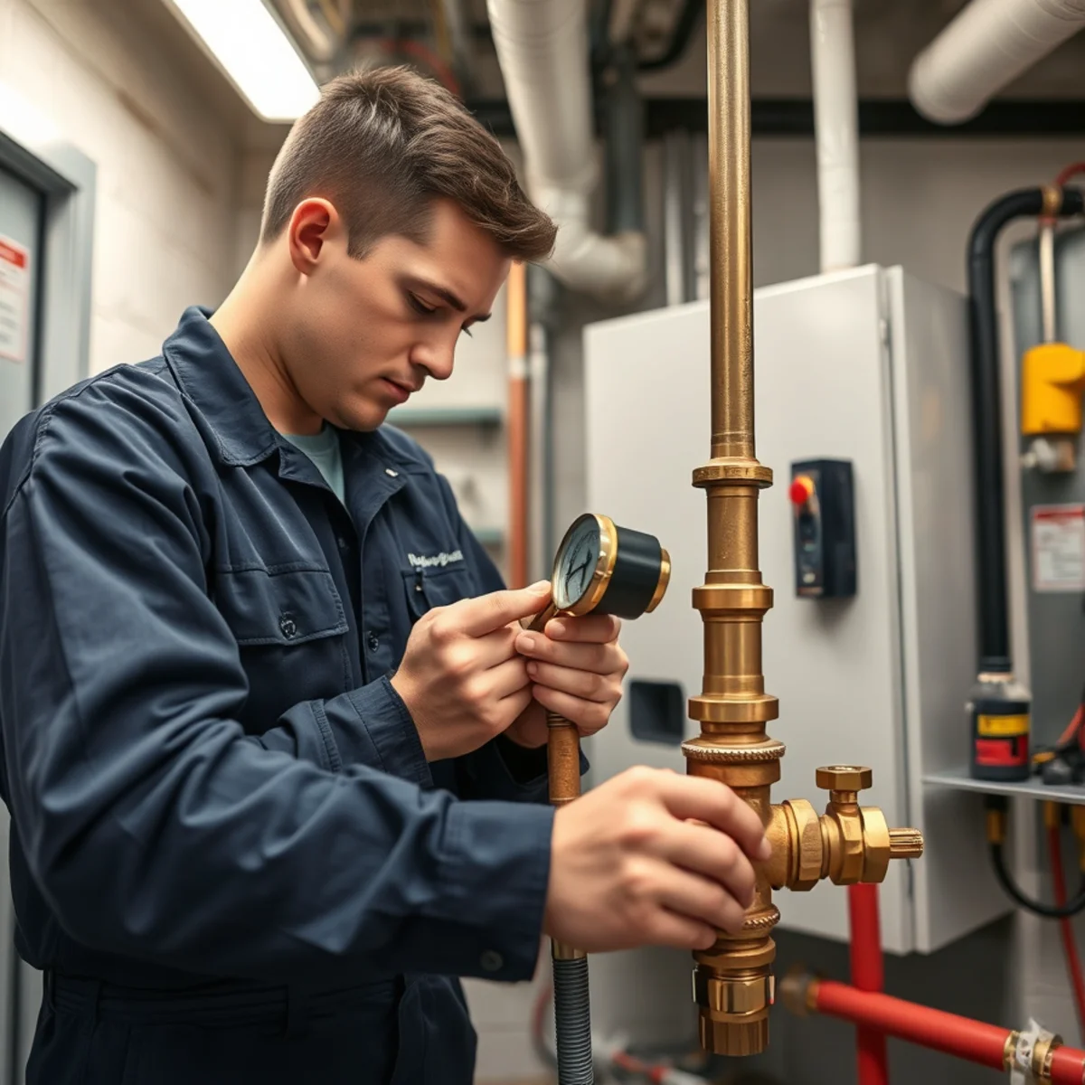 Commercial plumber testing a backflow prevention assembly at a Washtenaw County MI business