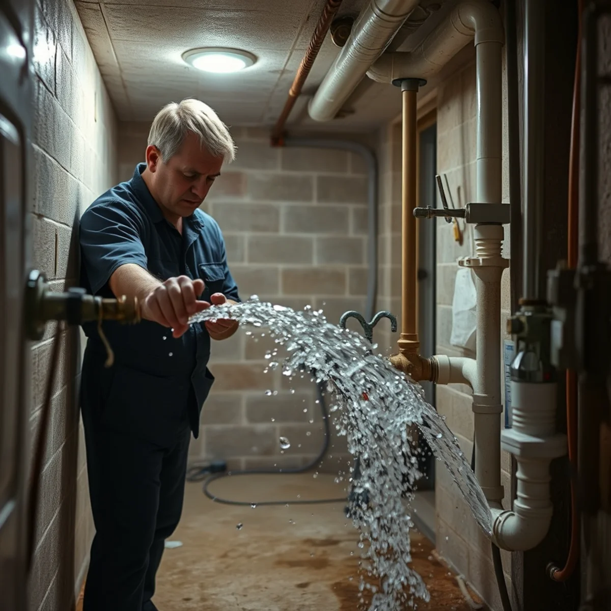 Homeowner shutting off a main water valve after a burst pipe in an Ypsilanti MI basement