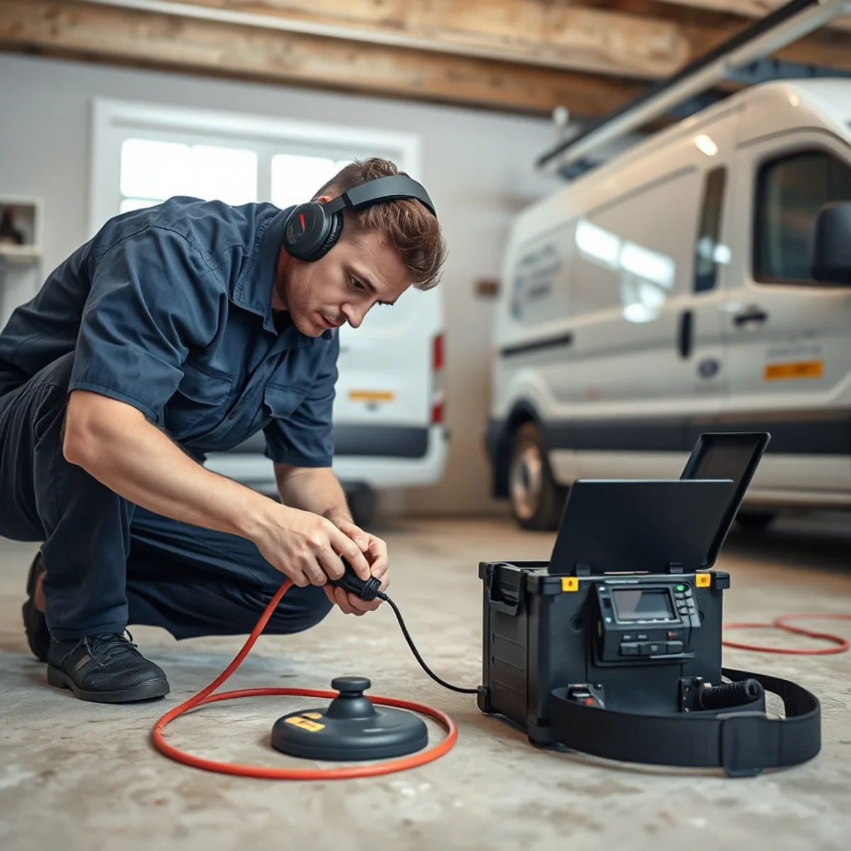 Plumber using acoustic leak detection equipment on a basement slab in Michigan