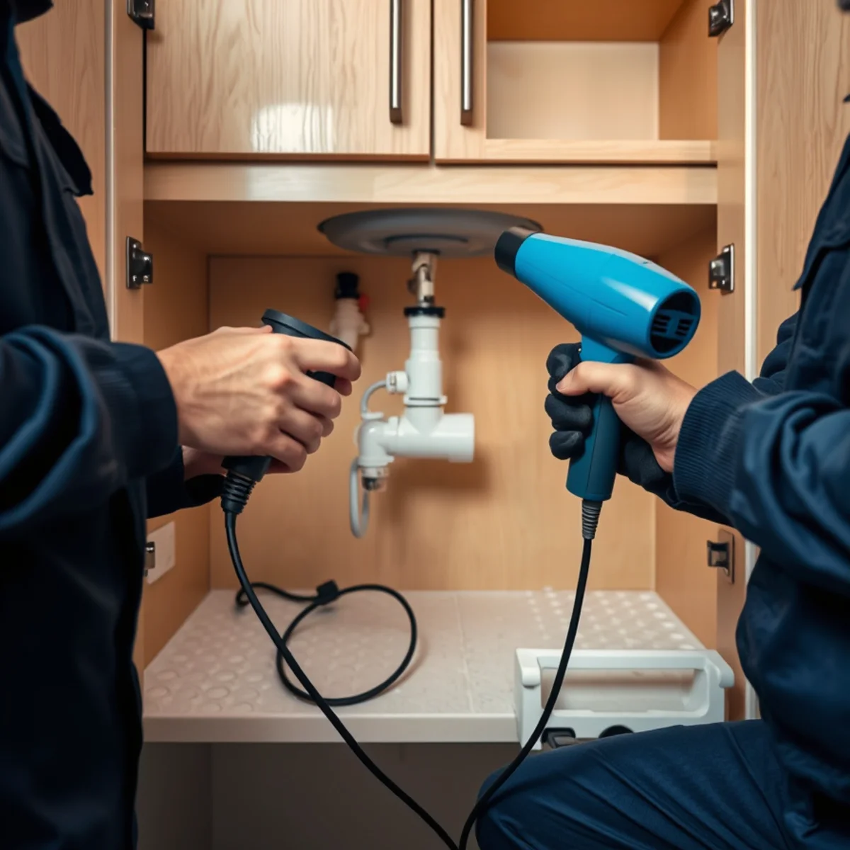 Plumber safely thawing a frozen pipe with warm air in a Michigan home crawlspace