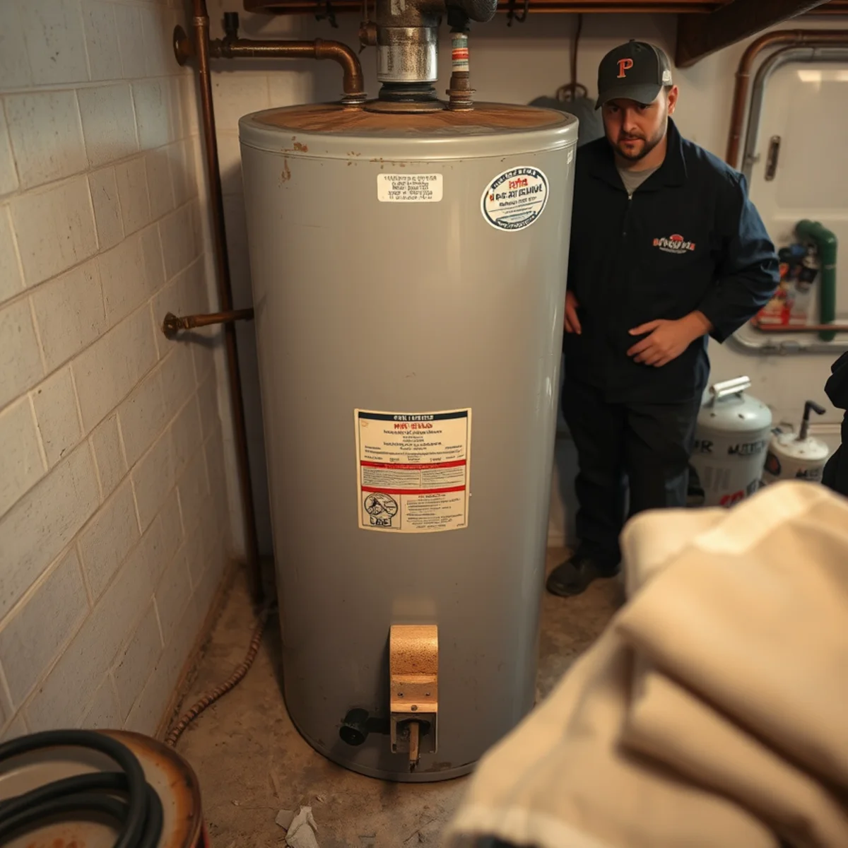 Aging tank water heater over ten years old in an Ypsilanti basement