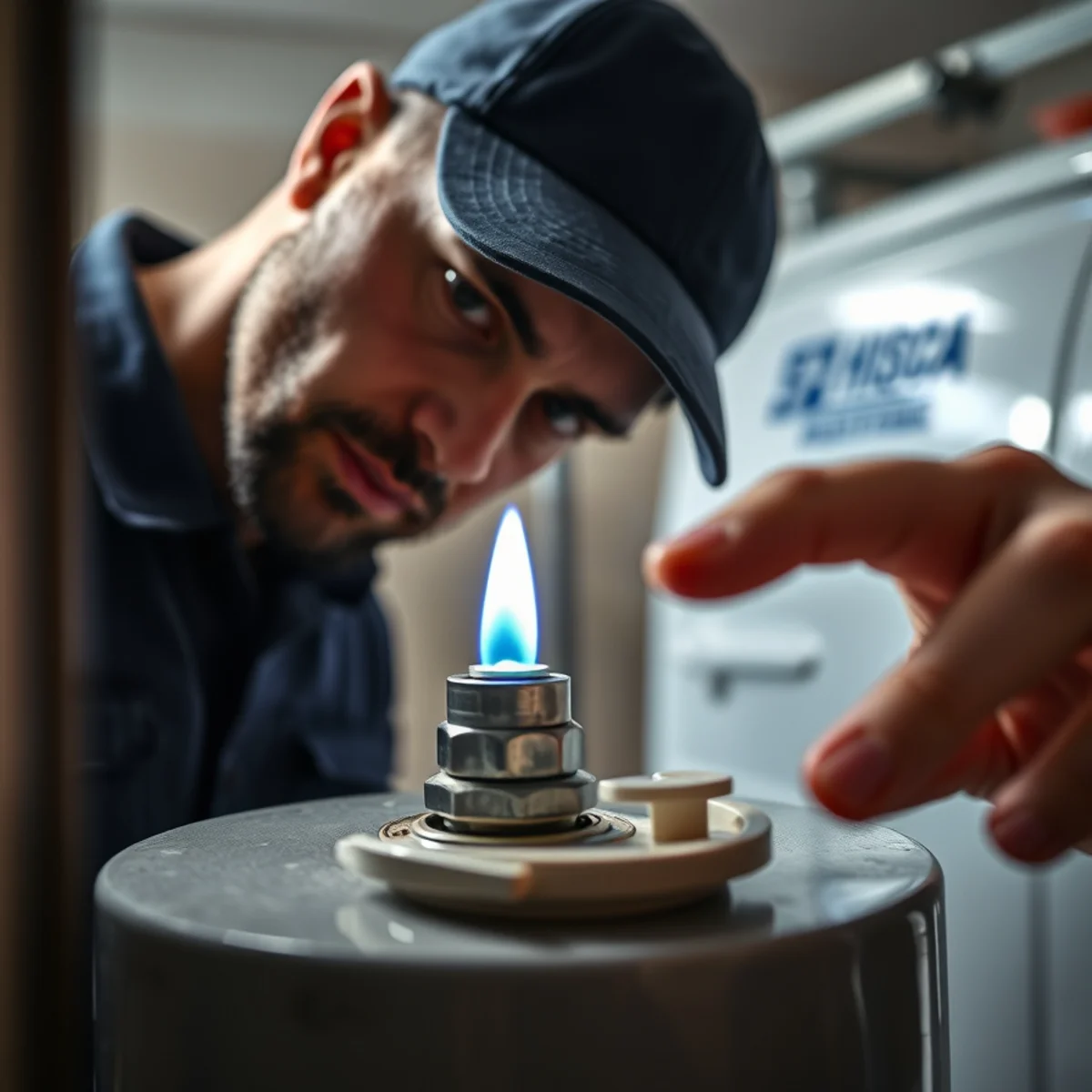 Plumber inspecting a water heater pilot light flame