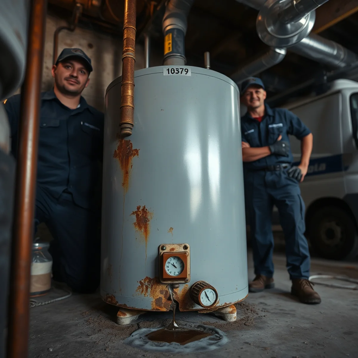 Rust and corrosion on an aging tank water heater in a Michigan basement