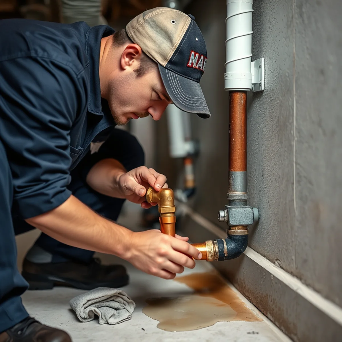 Plumber repairing a burst copper pipe in an Ypsilanti MI home basement
