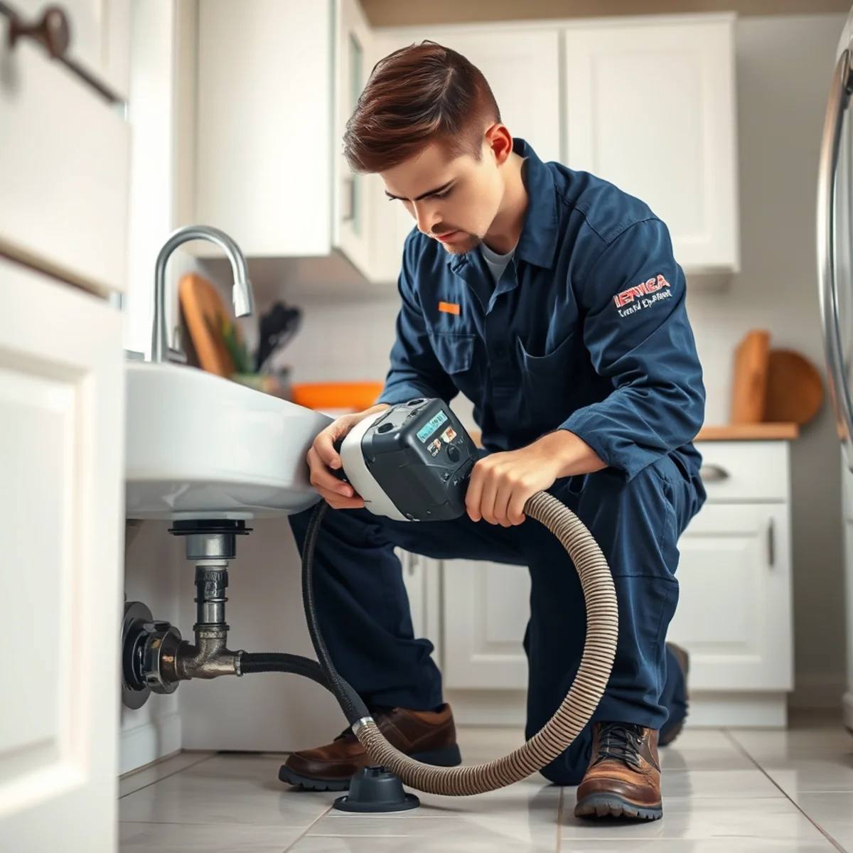 Plumber using a drain auger to clear a clogged kitchen line in an Ypsilanti MI home