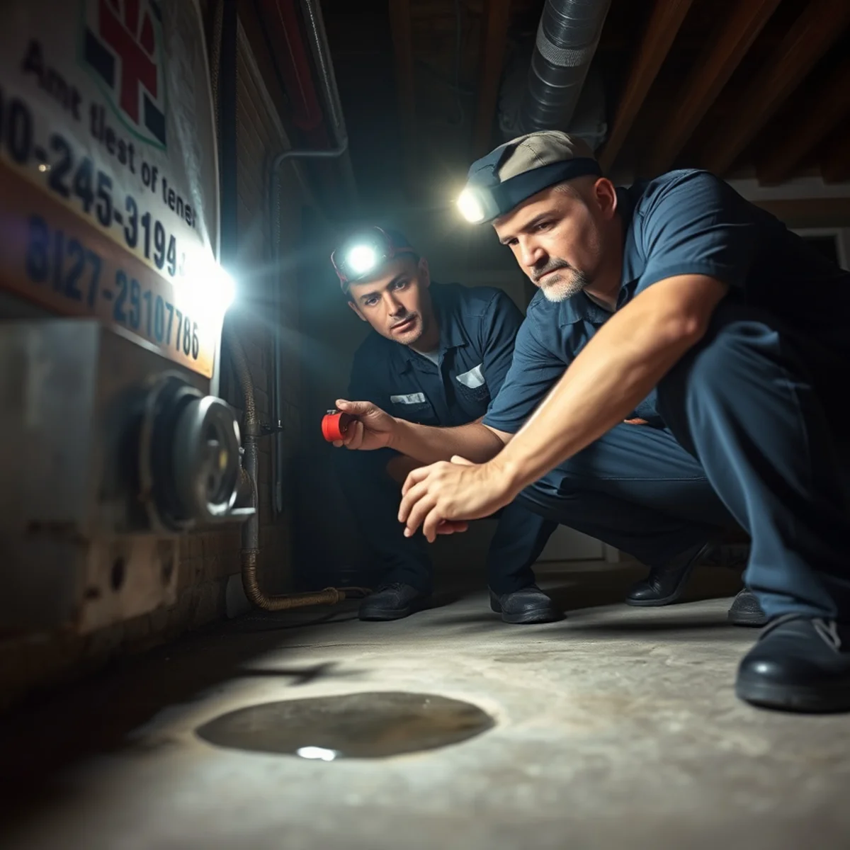 Emergency plumber shutting off a main water valve in an Ypsilanti MI basement at night