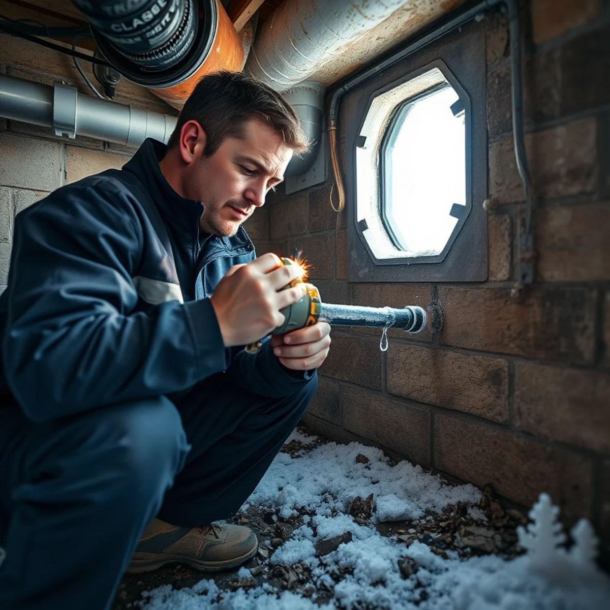 Plumber safely thawing a frozen pipe in an Ypsilanti MI crawlspace in winter