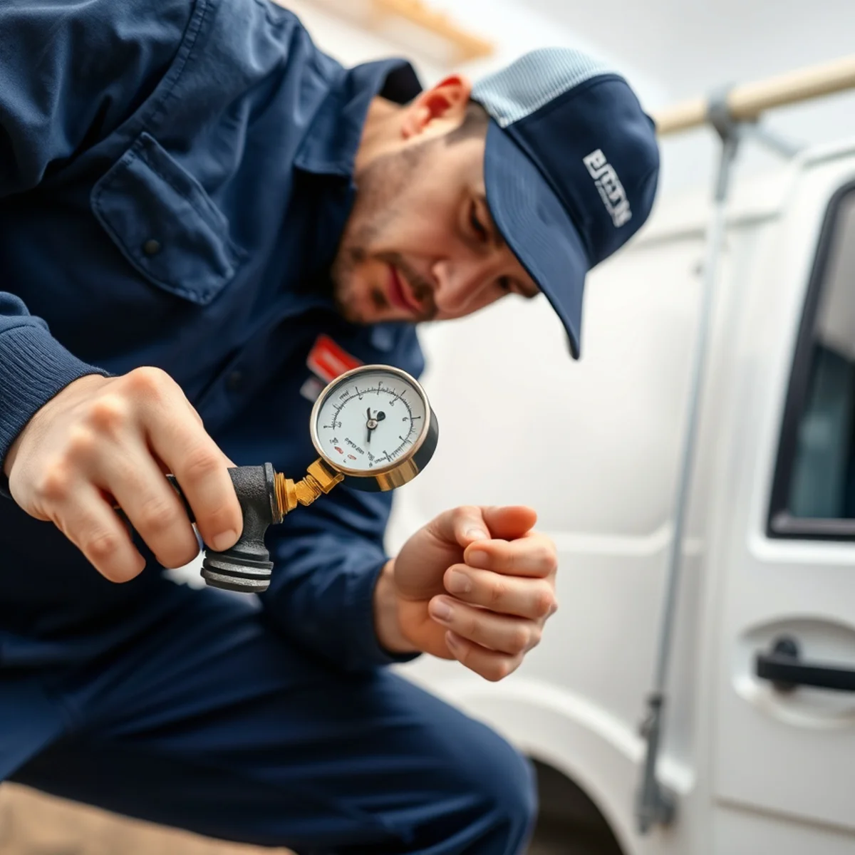 Licensed plumber pressure testing a gas line in an Ypsilanti MI home