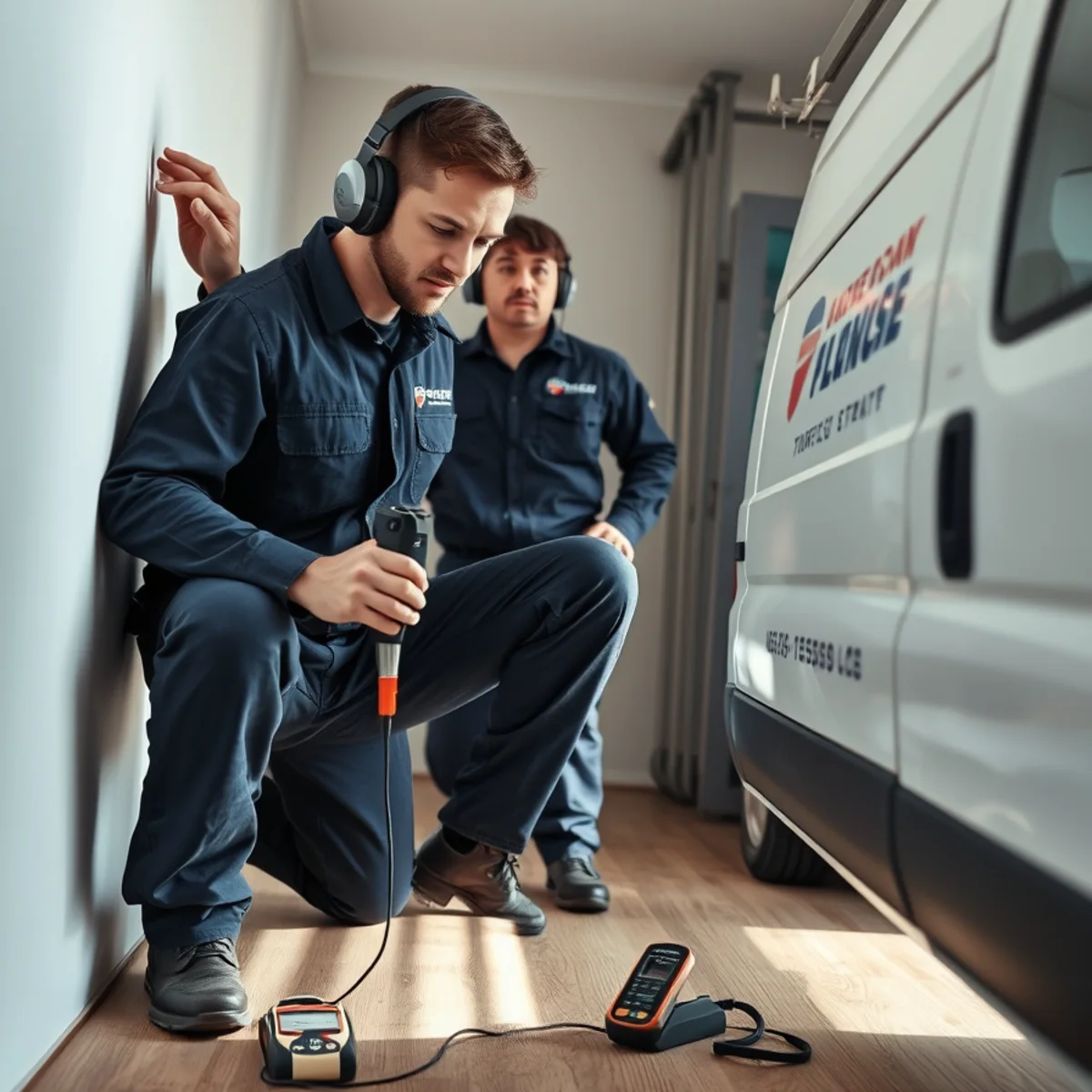 Plumber using electronic leak detection equipment on a wall in an Ypsilanti MI home