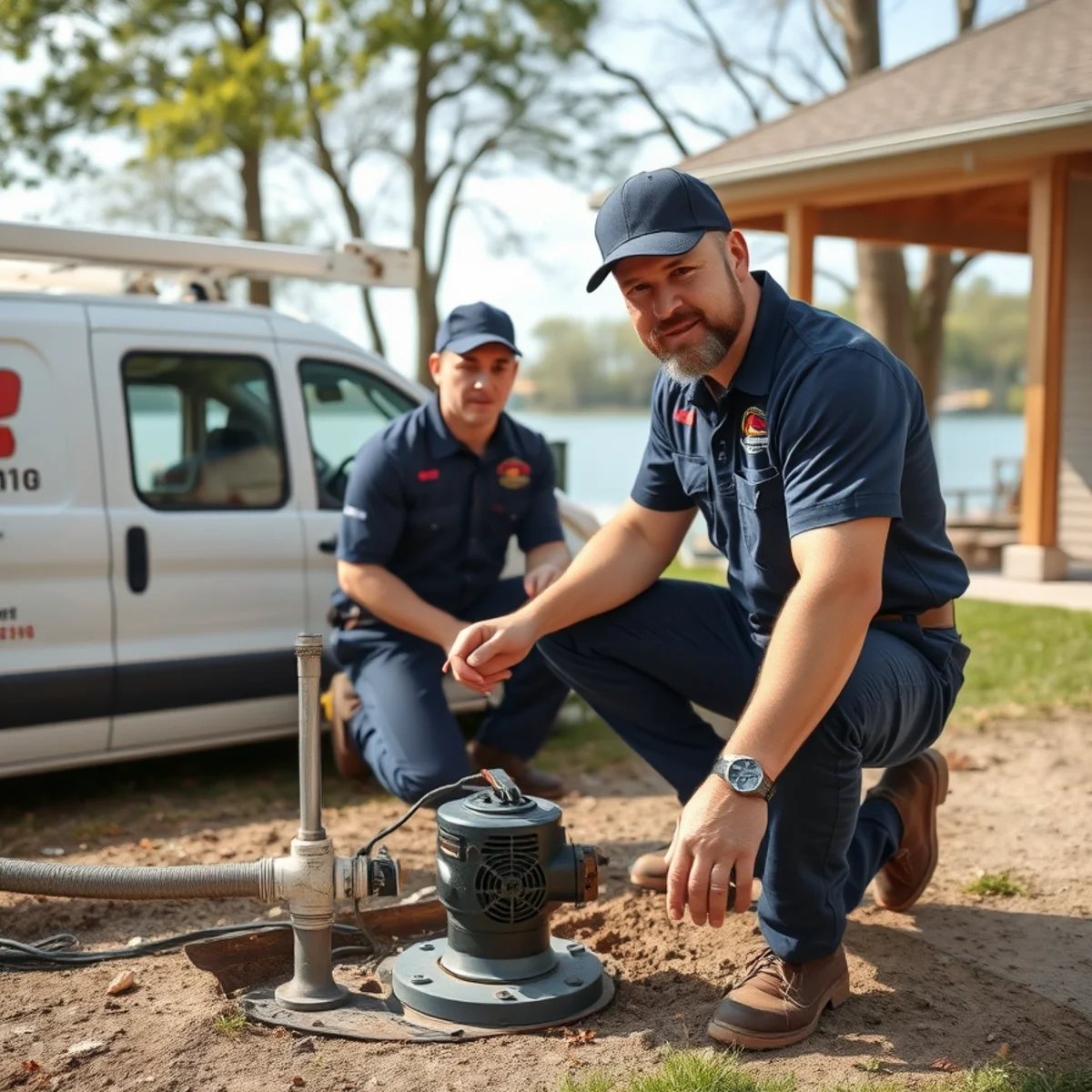 Plumber installing a sump pump at a lakefront home in Belleville MI