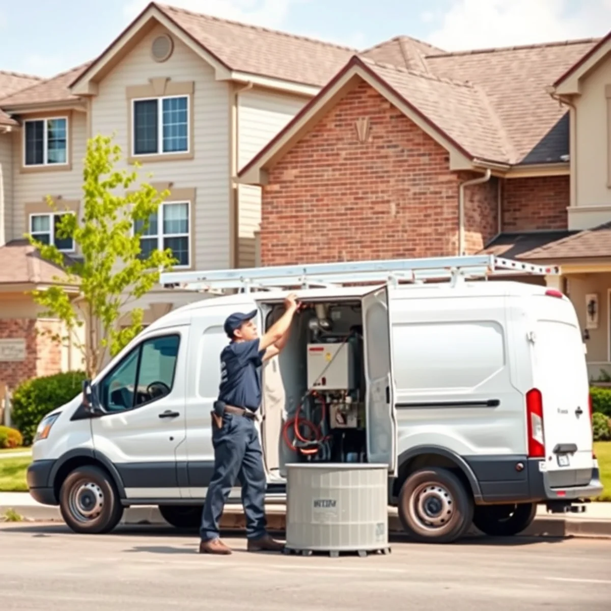 Plumber replacing a builder-grade water heater in a Canton MI subdivision home