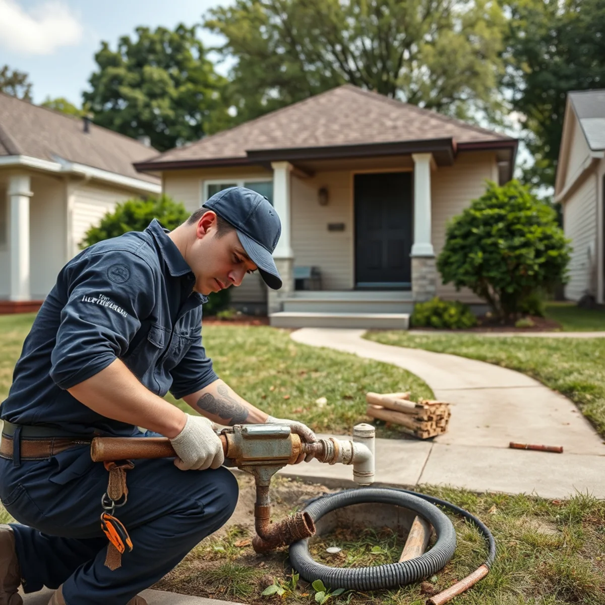 Plumber servicing a sewer lateral at a 1950s bungalow in Garden City MI