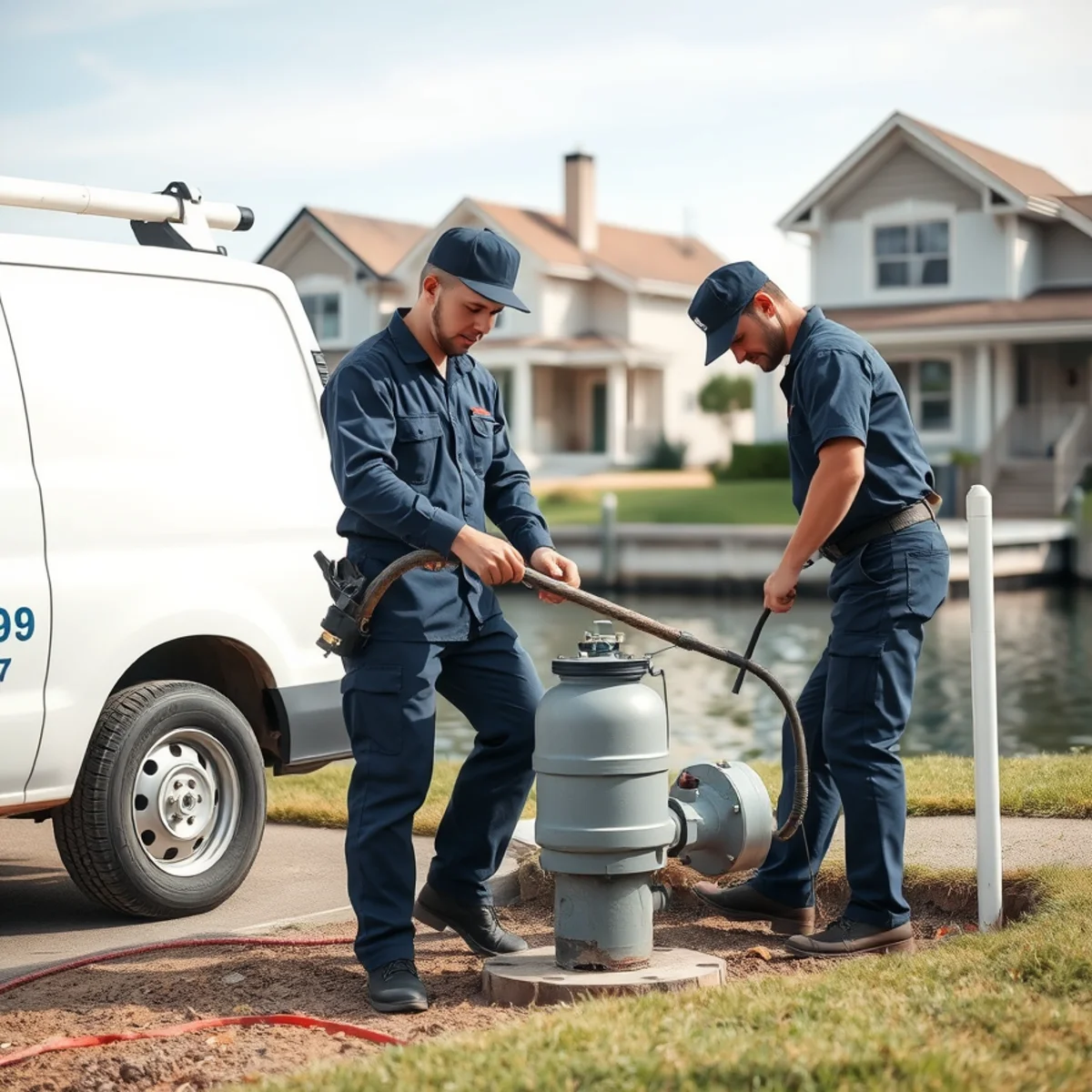 Plumber servicing a sump pump at a canal-front home in Gibraltar MI