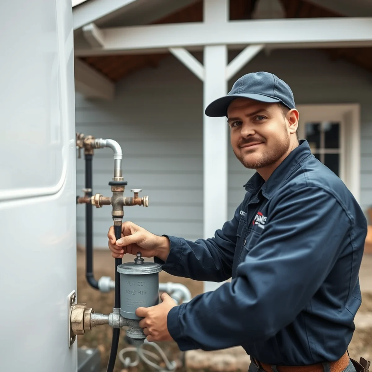 Plumber installing an iron filter at a well-water home in Grass Lake MI