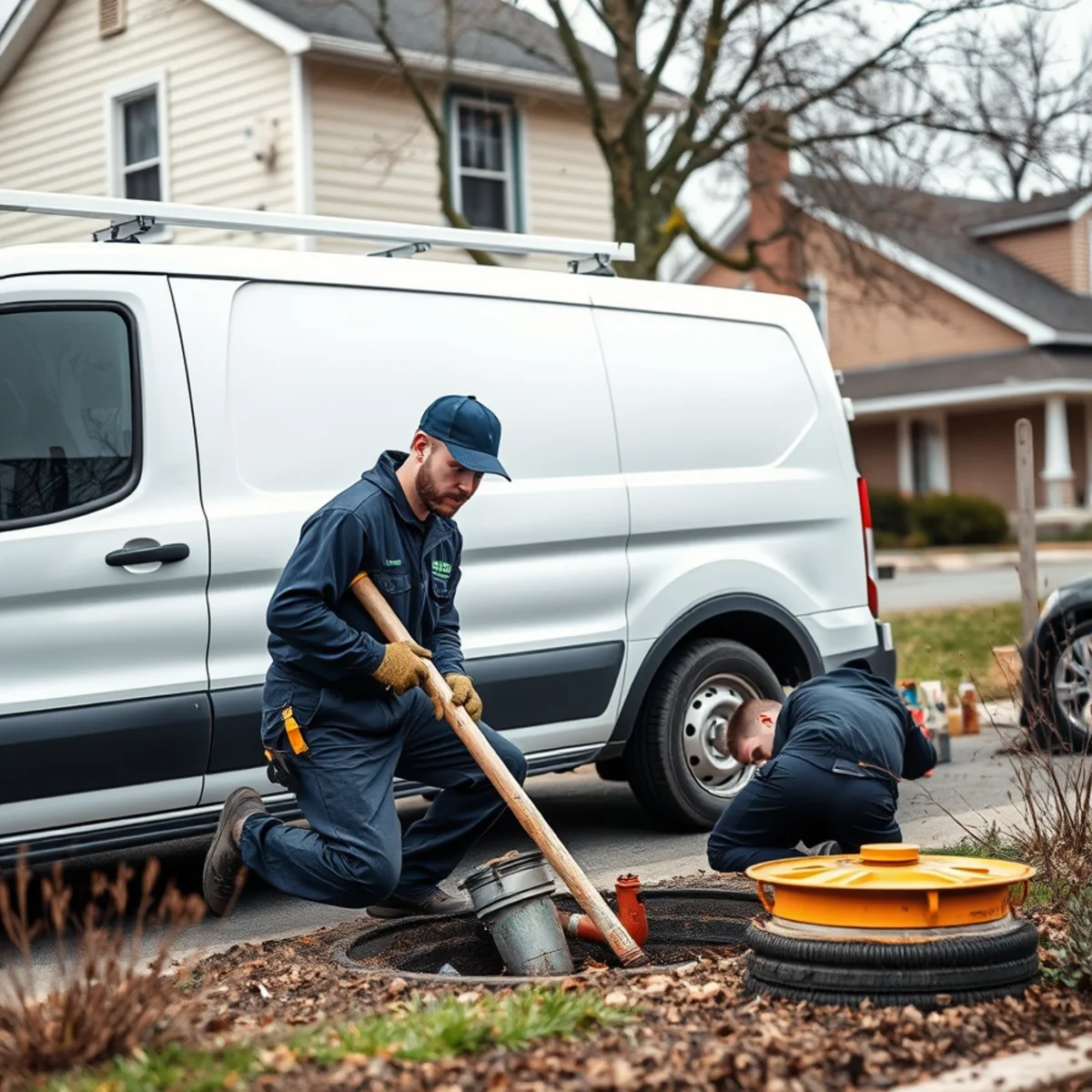 Plumber clearing a sewer backup at an older home in Milan MI