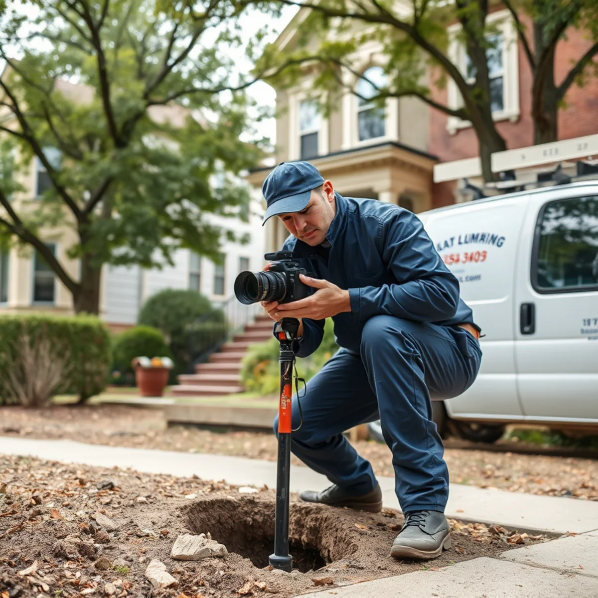 Plumber camera-inspecting a clay sewer lateral at a Victorian home in Northville MI