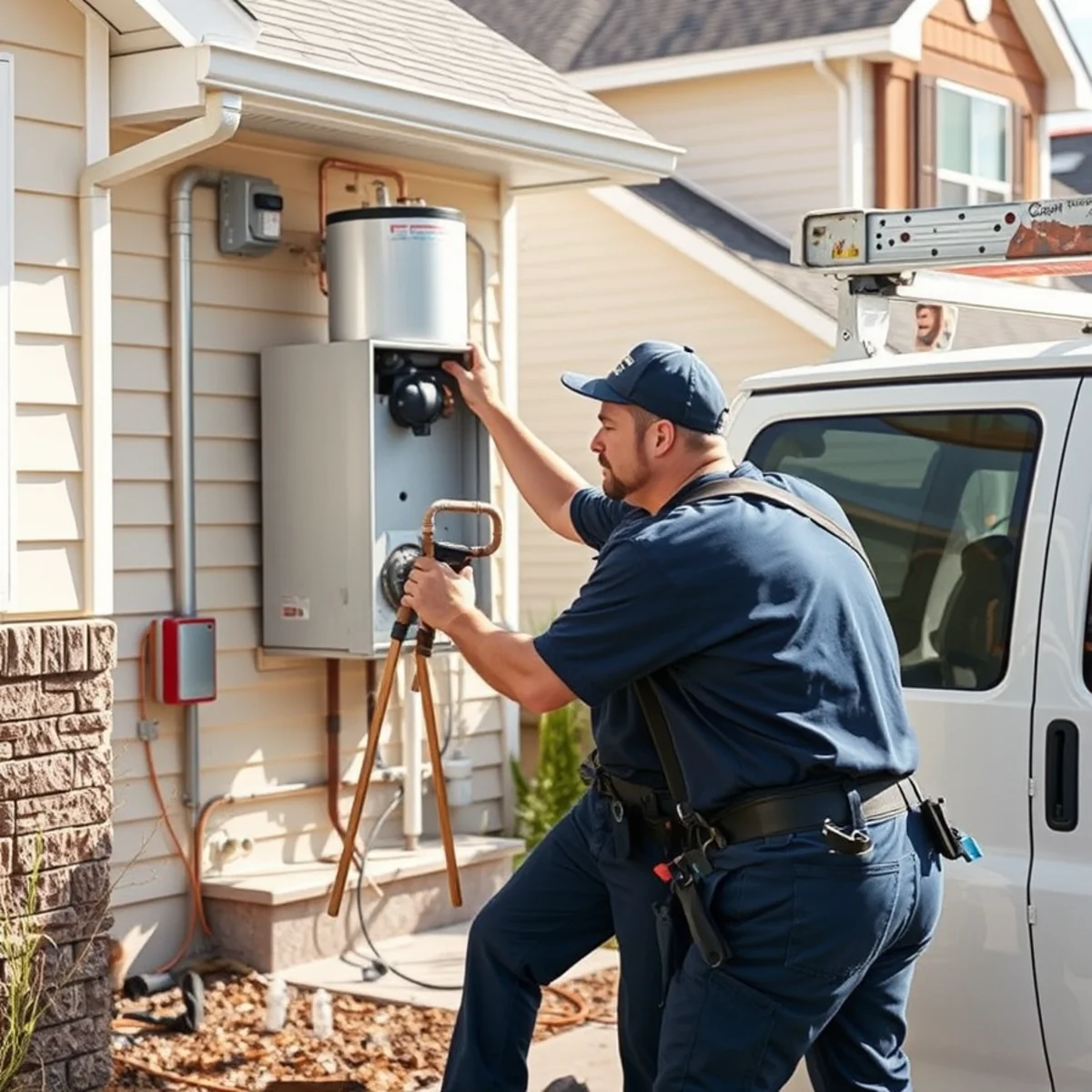 Plumber replacing a builder-grade water heater in a Pittsfield Township MI subdivision home