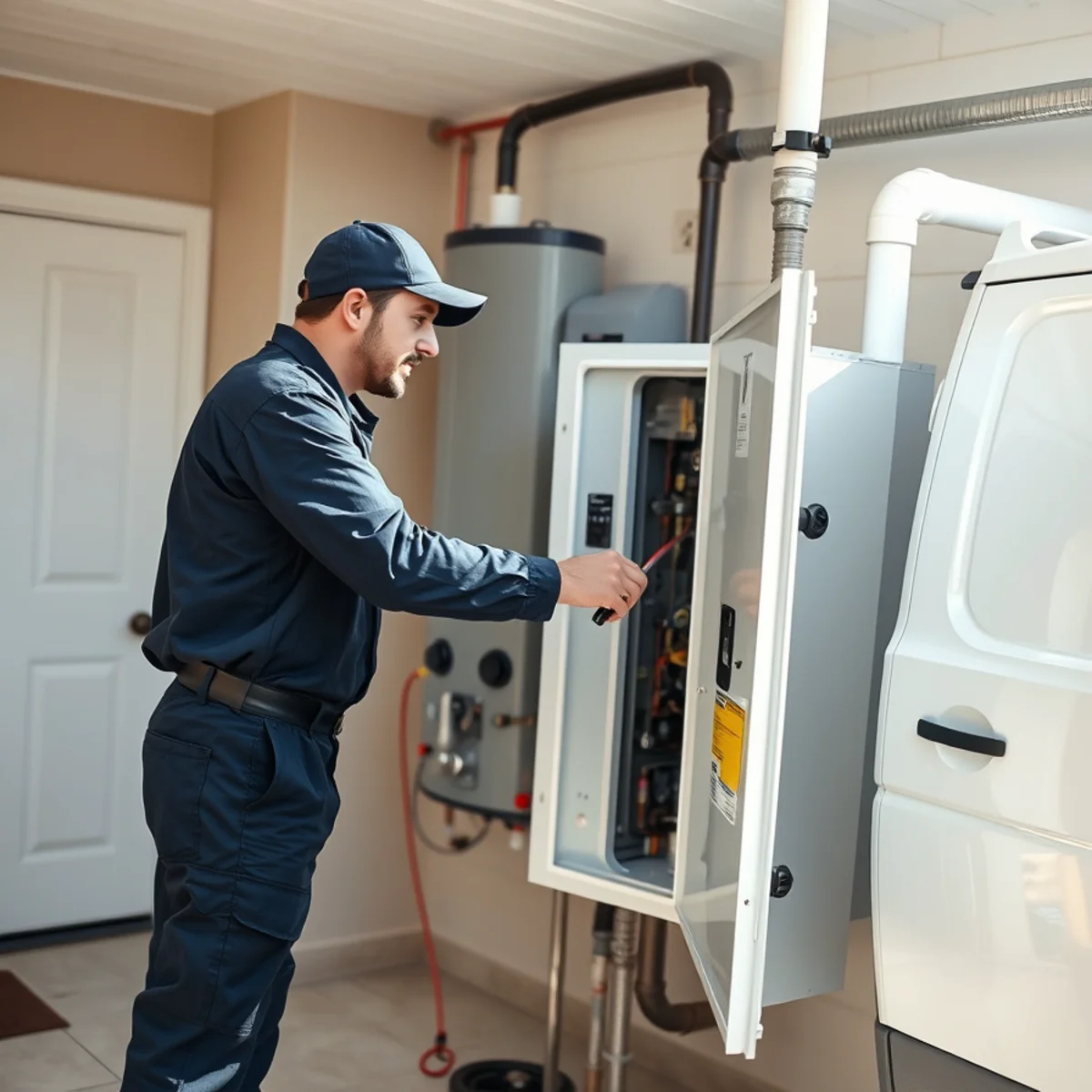 Plumber descaling a tankless water heater in a Plymouth Township MI home