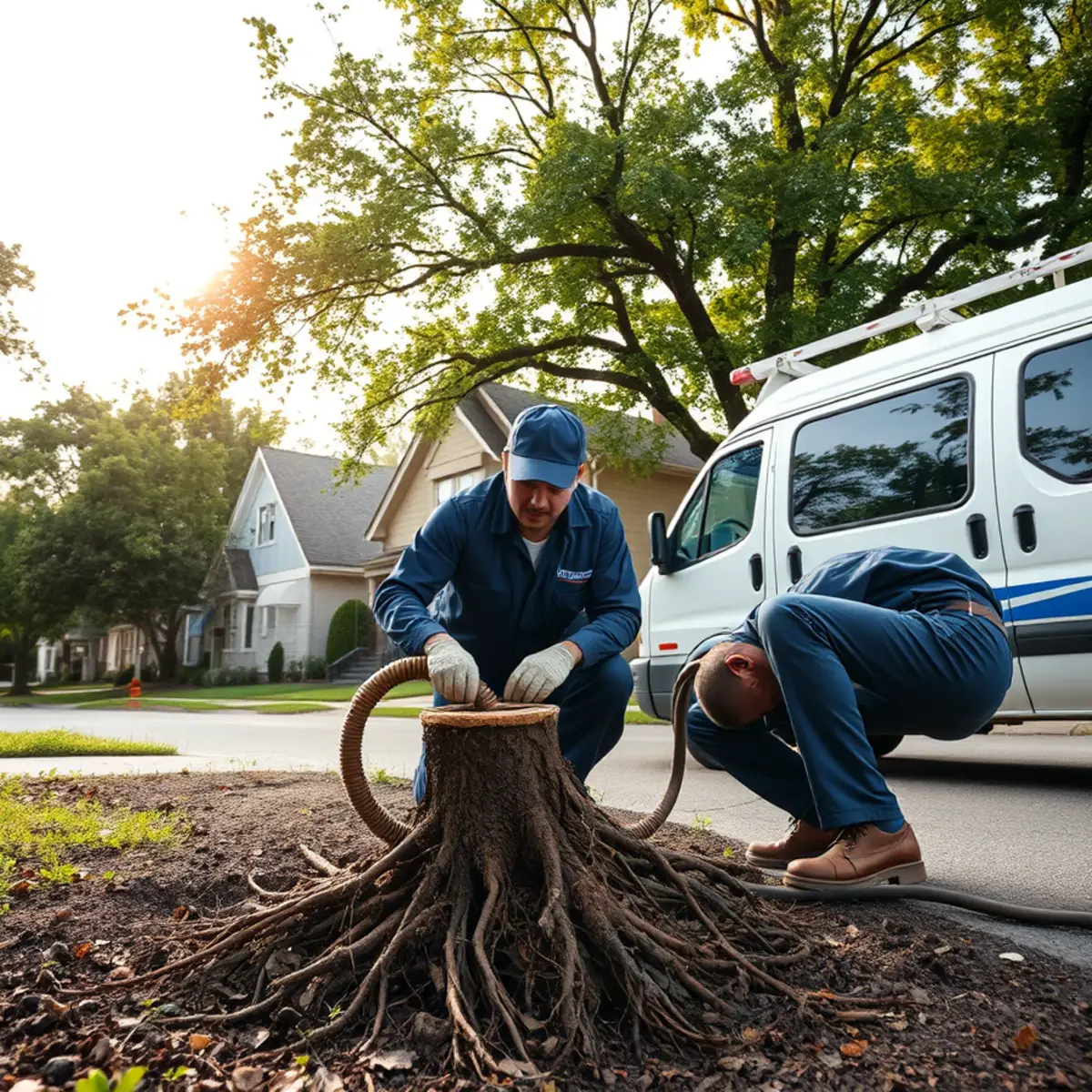 Plumber clearing a root-clogged clay sewer lateral at a 1920s bungalow in Royal Oak MI