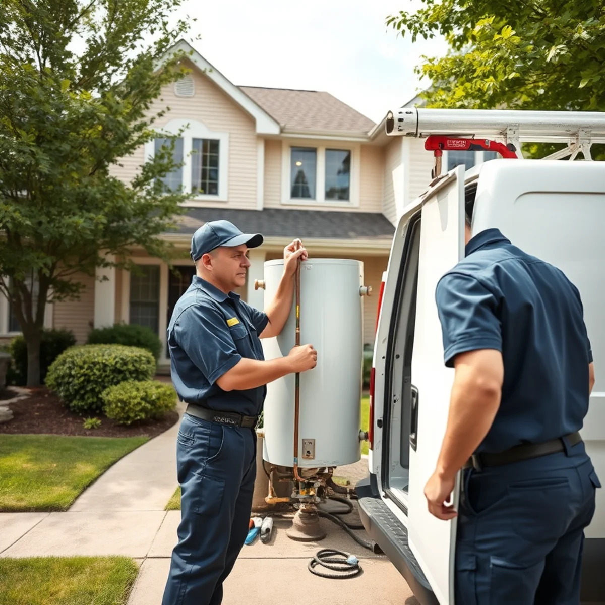Plumber replacing a builder-grade water heater in a Troy MI subdivision home