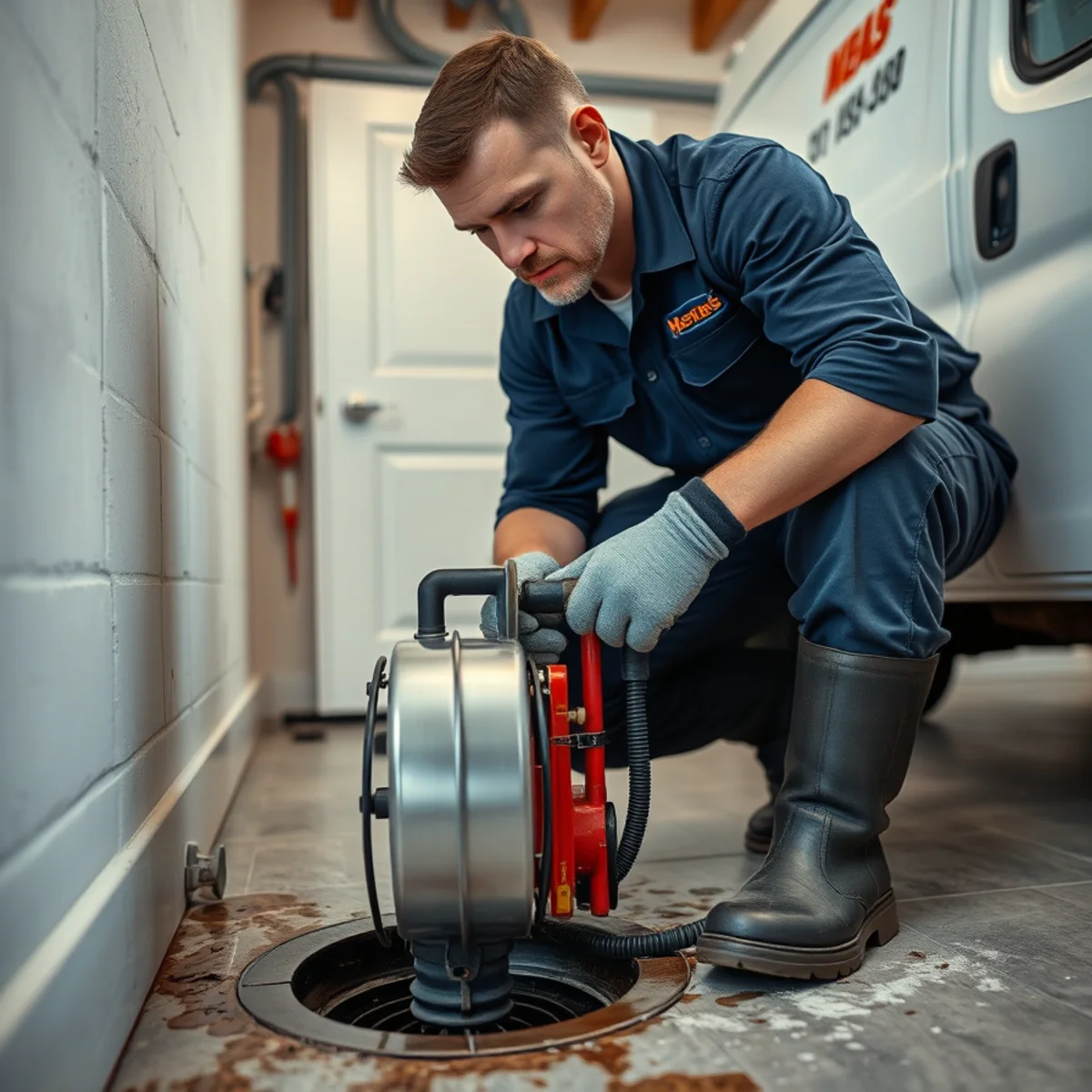 Plumber clearing a sewer backup at a basement floor drain in Ypsilanti MI