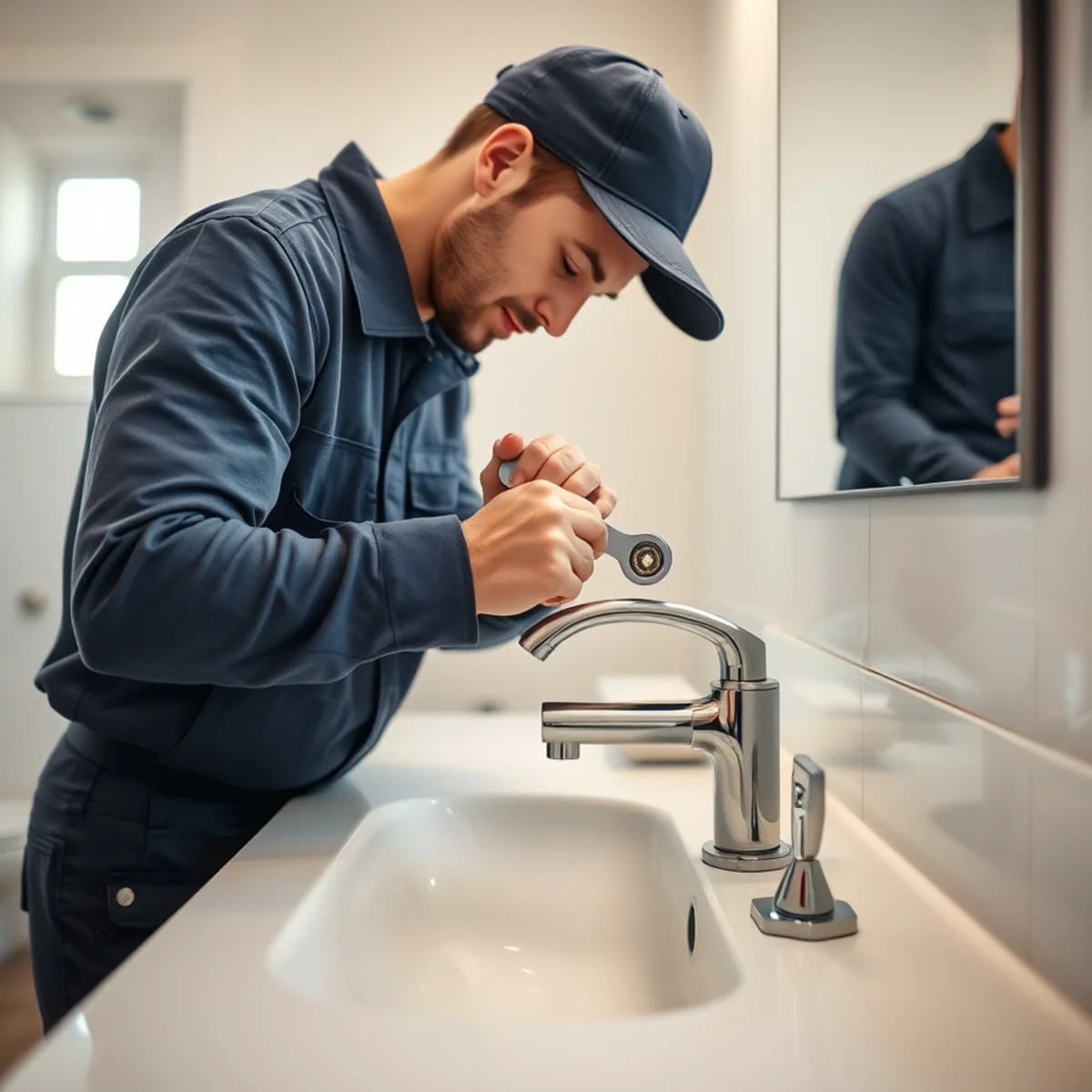 Plumber installing a new bathroom faucet in an Ypsilanti MI home