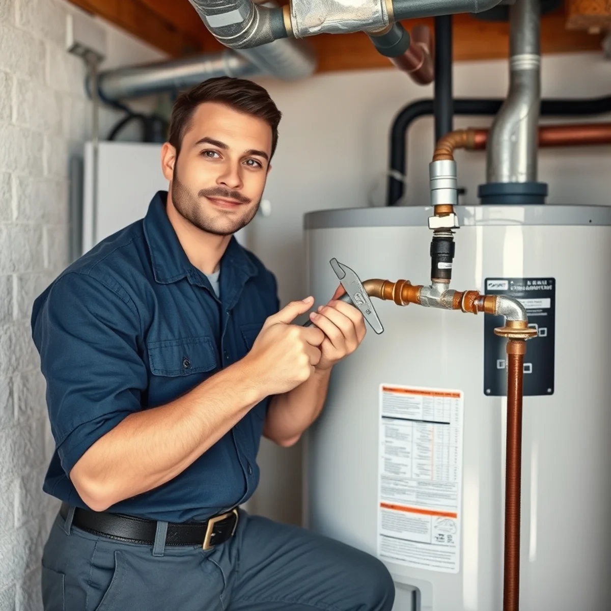 Plumber installing a new tank water heater in an Ypsilanti MI home basement